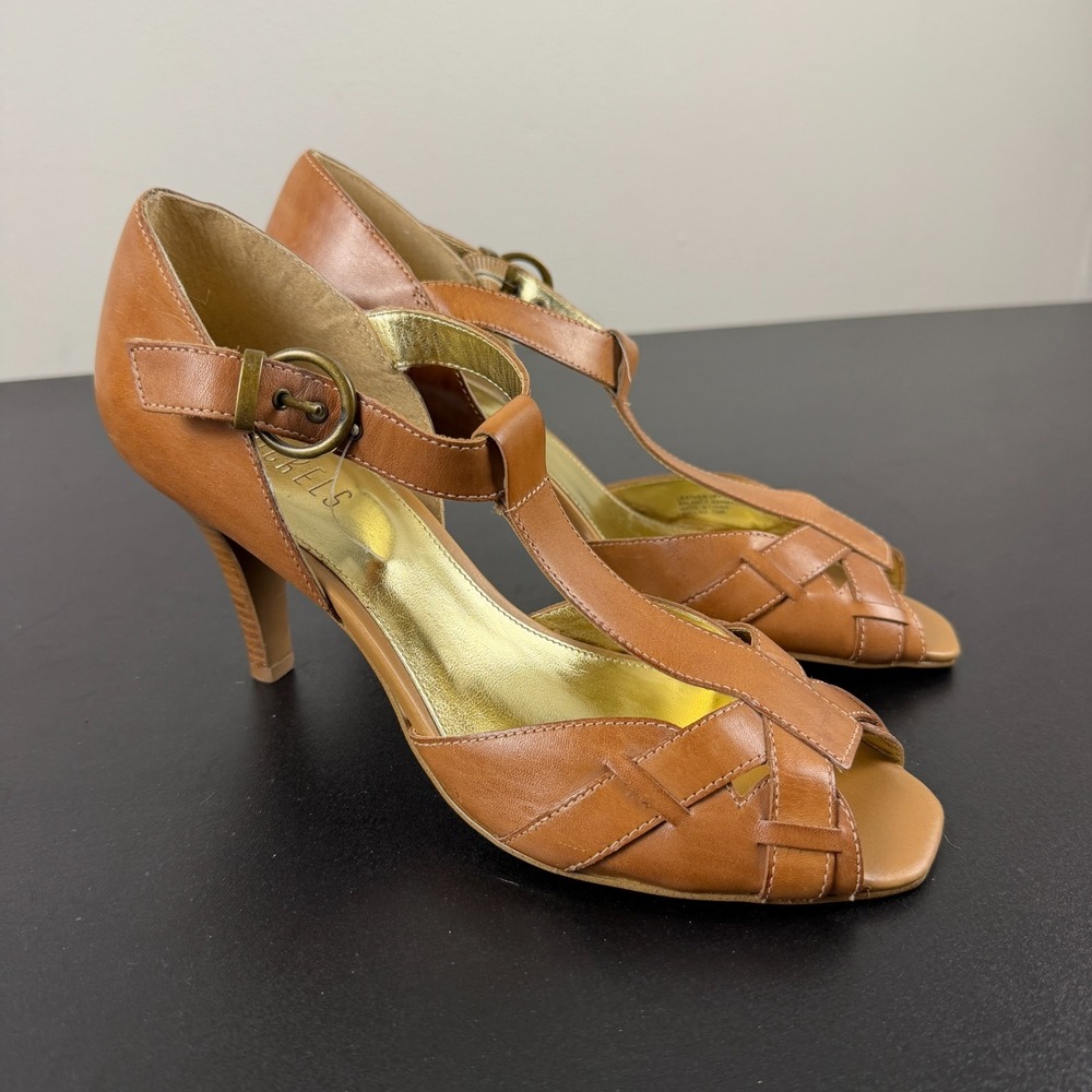 Nickels Soft T-Strap Heels Womens 7.5M Brown Leather Open Toe Ankle Strap Formal